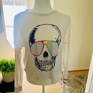 Lauren Moshi White Skull Graphic Long Sleeve Tee